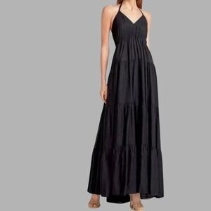 Express Black Tiered Halter Maxi Dress XXS Petite Smocked Waist Goth Vacation